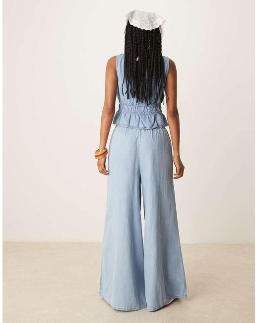 Mango Broek Van Co-Ord Set Met Denim Look En Wijde Pijpen in het Blue