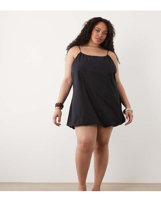 ASOS Black Asos Design Curve Poplin Puff Mini Sundress With Tie Straps
