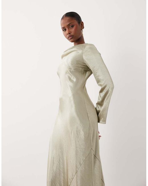 TFNC London Natural Satin Flared Long Sleeve Maxi Dress