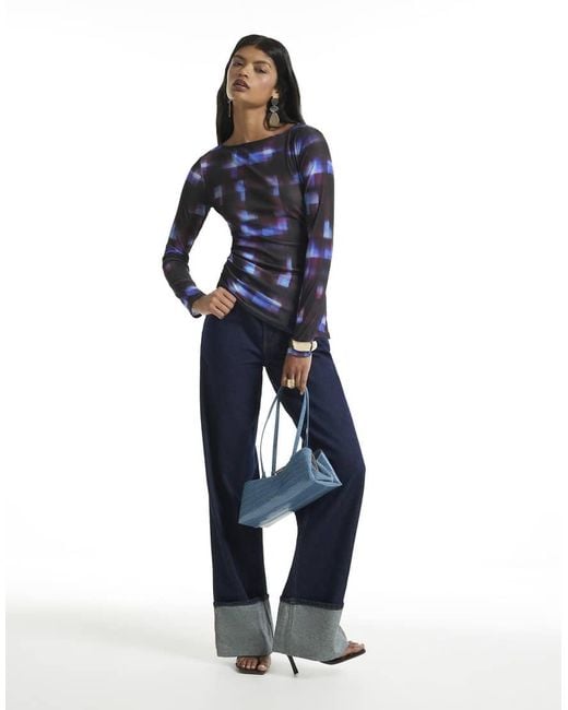 River Island Blue Check Asymmetric Hem Top