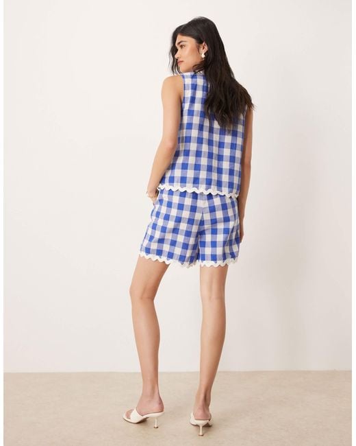 Y.A.S Blue High Waisted Gingham Shorts Co-ord With Scallop Trims