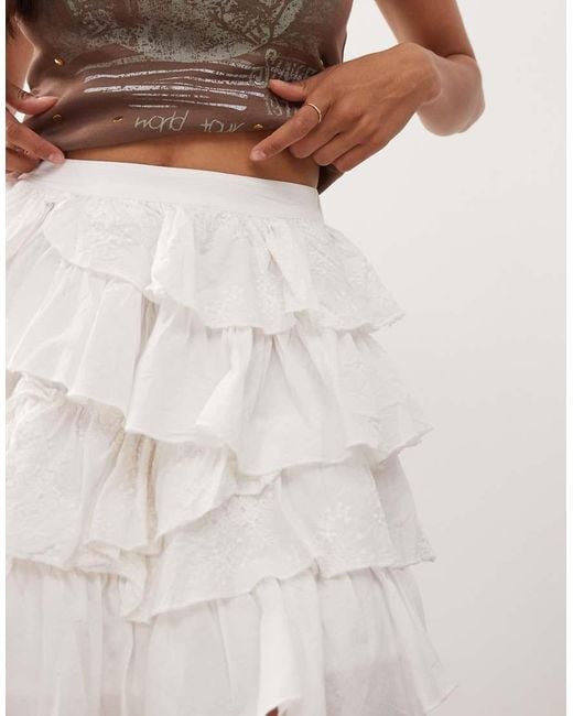 Miss Selfridge White Embroidered Cotton Ruffle Mini Skirt