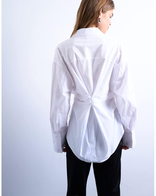 TOPSHOP White Asymmetric Placket Waisted Long Sleeve Cinched Shirt