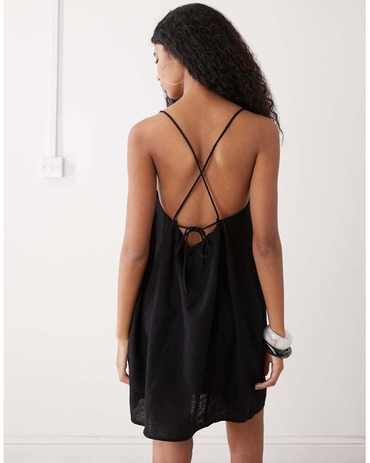 Monki Black Linen Blend Cami Mini Dress With Pockets