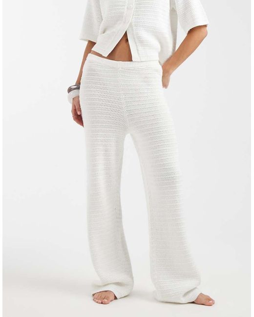 4th & Reckless White Cotton Rich Crochet Knit Wide Leg Beach Trousers Co-ord