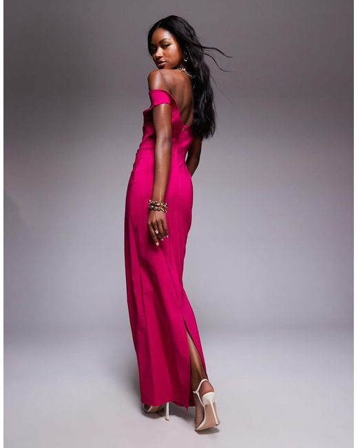 Vesper Pink Bengaline Sweetheart Neckline Off The Shoulder Maxi Dress