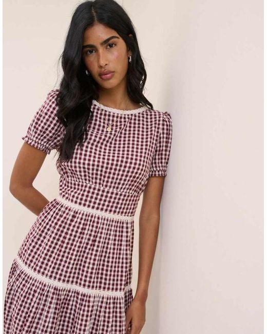 Nobody's Child Pink Gingham Lace Trim Dara Midi Dress