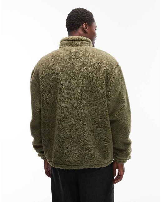 ASOS Green Relaxed Funnel Neck Zip Through Borg Sweatshirt for men