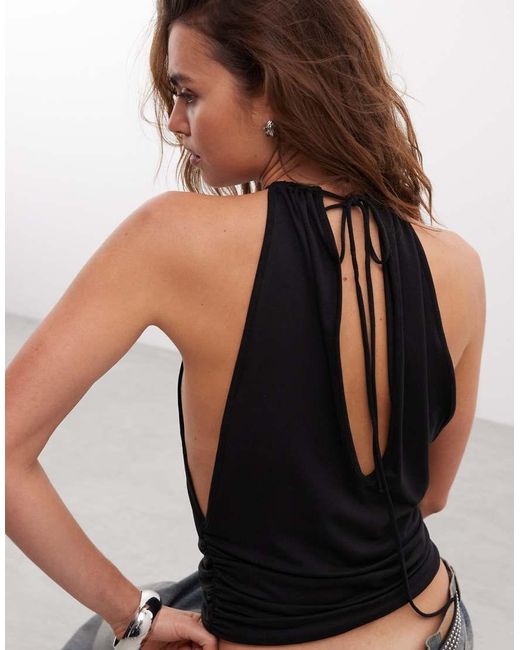 Weekday Black Ruched Halter Neck Top With Open Back