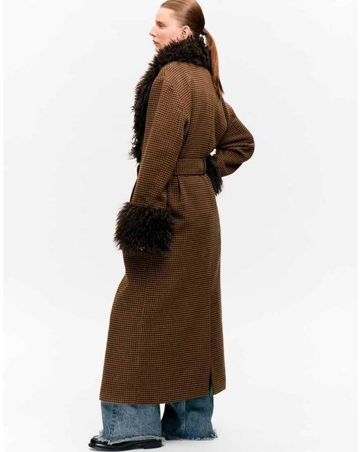 Monki Black Wool Blend Belted Maxi Coat With Fur Collar And Cuffs Detail