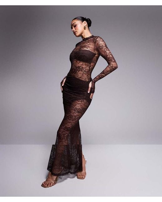 Wanderdoll Brown Britney High Neck Lace Bodysuit And Drape Detail Maxi Skirt Set