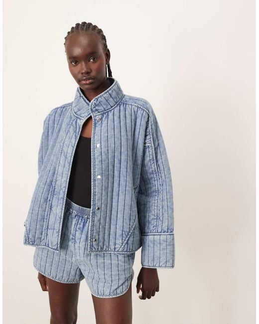 ARRANGE Blue Quilted Distressed-look Boxy Jacket Co-ord With Wide Sleeve