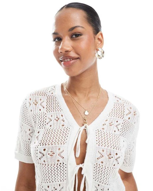 Pieces White Floral Checkerboard Crochet Top With Tie Front Detail