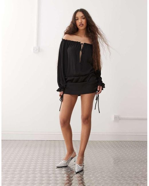 Lioness Black Sevigny Bardot Chiffon Tie Front Ruched Skirt Mini Dress