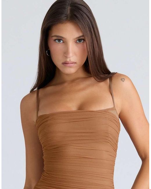 House Of Cb Brown Fornarina Tan Gathered Stretch Mesh Maxi Dress