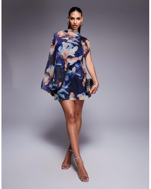 Robe courte à imprimé fleurs abstrait avec col montant drapé et découpe ASOS en coloris Blue