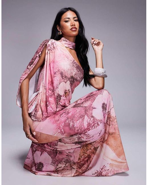 ASOS Gedrapeerde Maxi Jurk Met Blote Schouder En Cape-Detail in het Pink