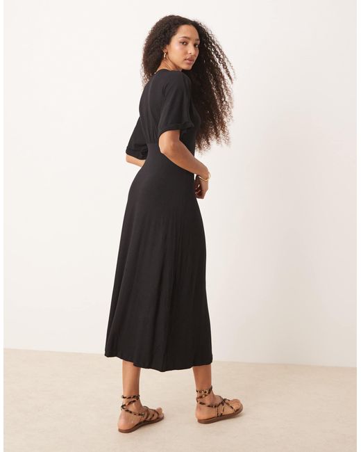 ASOS Black Roll Sleeve Button Front Midi Tea Dress
