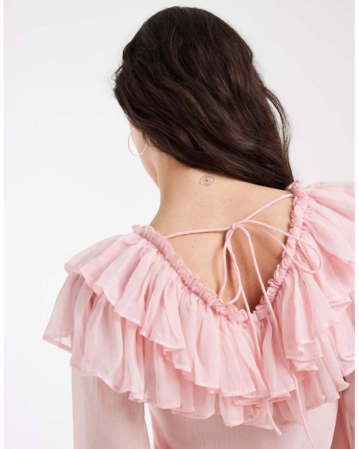 Muse Assembly Pink Boho Crinkle Chiffon Ruffle Tie Front Top