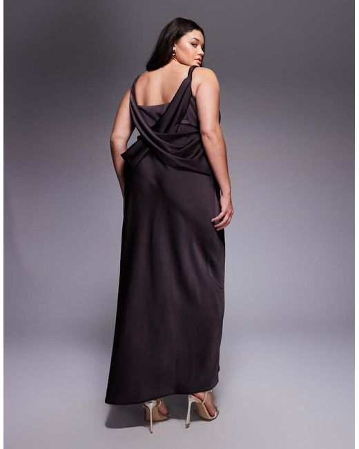 ASOS Blue Asos Design Curve Satin Plunge Maxi Dress With Knot Shoulder And Deep Cowl Back