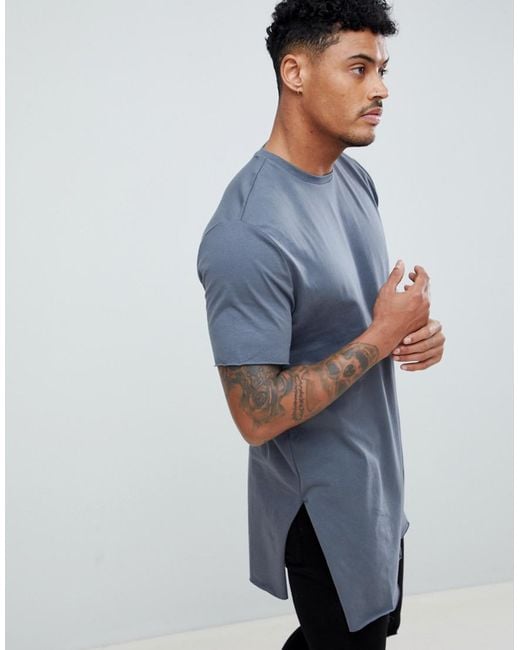 ASOS Gray Super Longline T-shirt With Extra Long Side Splits And Raw Edges for men
