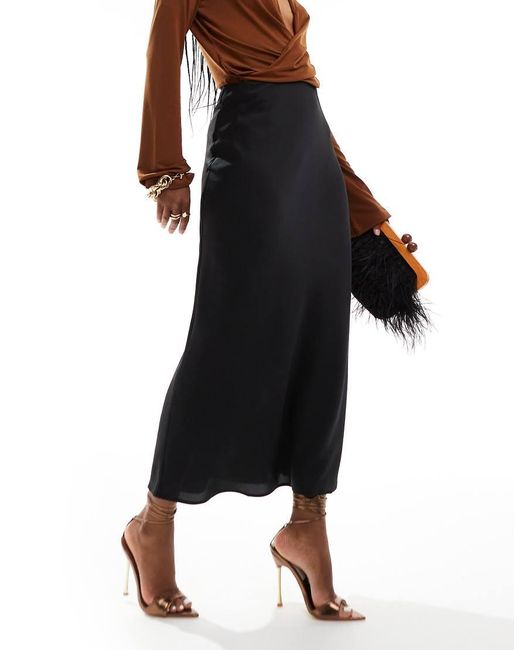 Vila Black Satin Midi Skirt