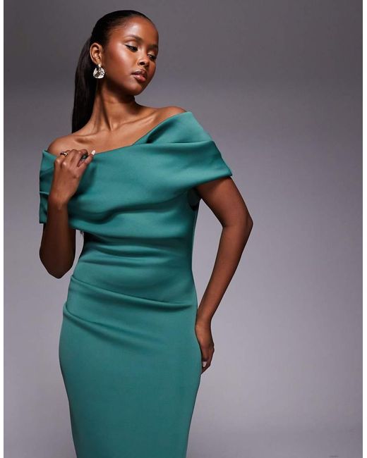 ASOS Blue Ruched Off The Shoulder Midi Dress