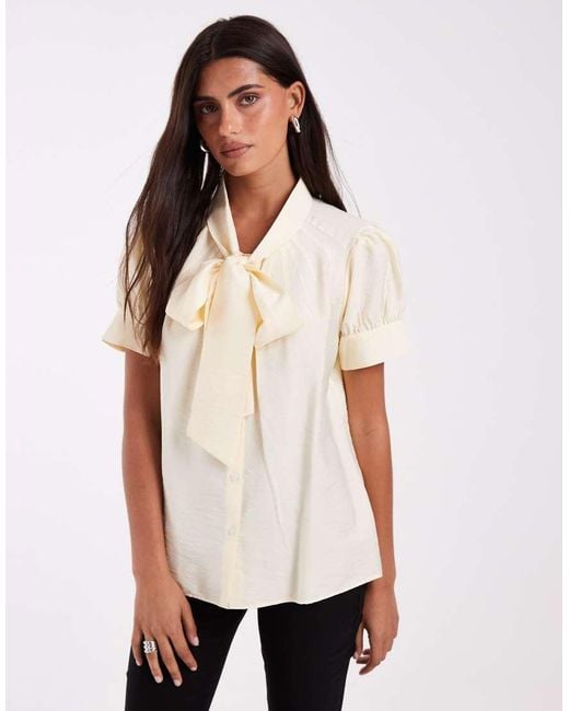 ASOS Natural Bow Blouse With Puff Ball Sleeve