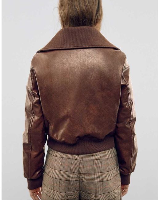 Stradivarius Brown Short Leather Effect Jacket With Pockets