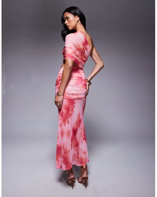 ASOS Pink One Shoulder Maxi Dress With Ruched Bodice And Sheer Skirt