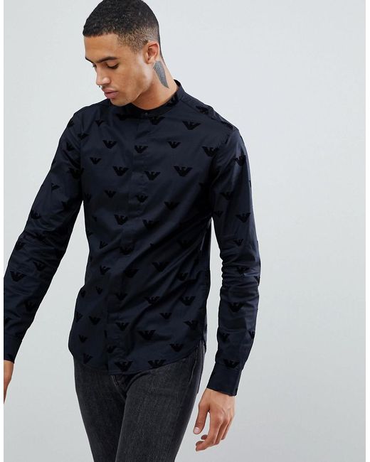 Emporio Armani Slim Fit Grandad Collar Shirt With All Over Flocked Logo In Black for men