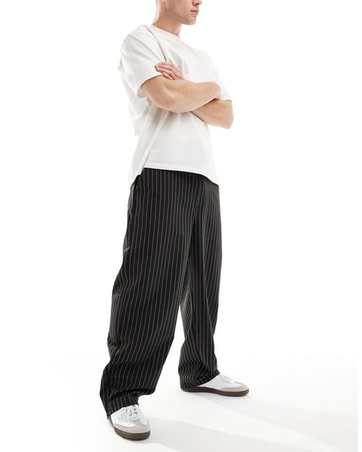 Bershka Black Wide Leg Stripe Tailored Pants With Boxer Detail for men