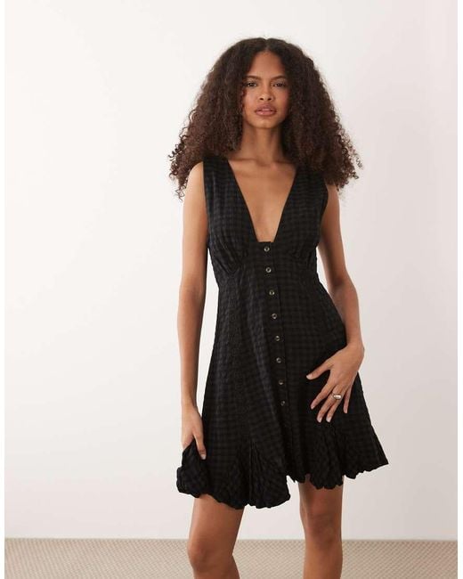 ASOS Black V Neck Mini Button Down Mini Dress With Lace Trims And Godets