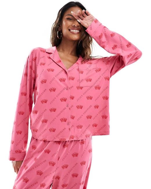 Juicy Couture Pink Long Sleeve Crown Button Up Pyjama Top