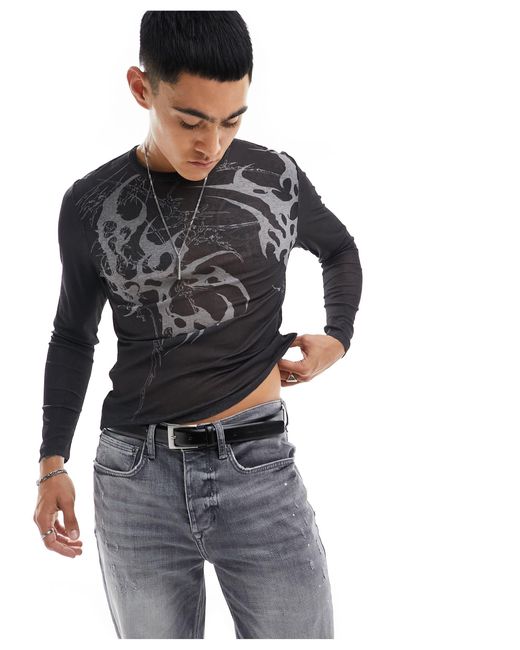 T-shirt moulant à manches longues en tulle à imprimé tatouage ASOS pour homme en coloris Gray