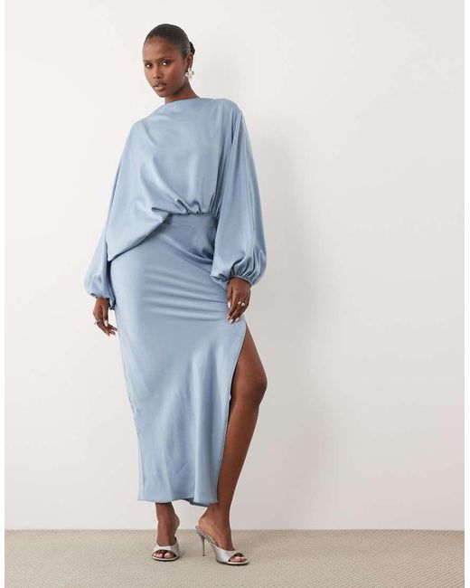 ASOS Blue Asymmetric Bodice Maxi Dress With Blouson Sleeves