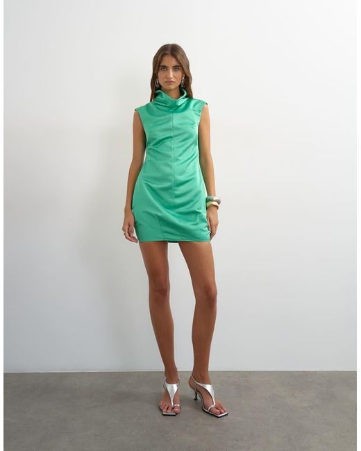 TOPSHOP Green Satin Funnel Neck Barrel Mini Dress