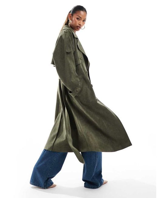Aria Cove Green Faux Suede Belted Trench Coat