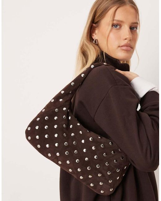 Mango Brown Studded 100% Suede Shoulder Bag