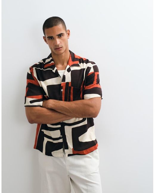 Mango White Abstract Retro Print Short Sleeve Shirt for men