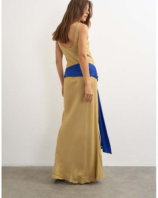 TOPSHOP Blue Satin Dropped Waist Maxi Dress With Contrast Tie Belt