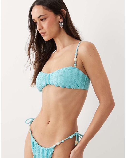 Miss Selfridge Blue Shirred Faux Pearl Detail Bikini Top