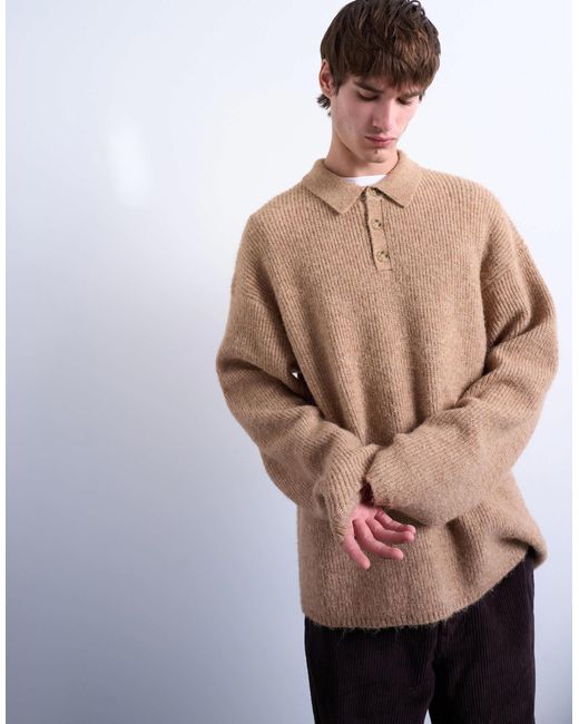 Topman Brown Oversized Fit Knitted Polo for men