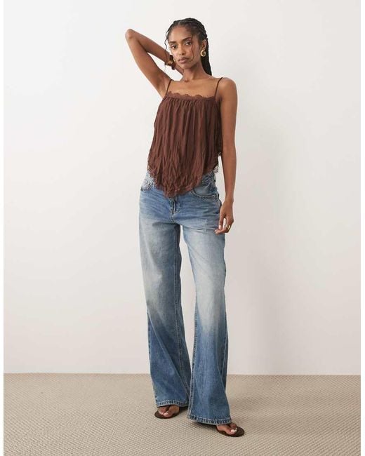 ASOS Blue Crinkle Floaty Cami With Lace Trim