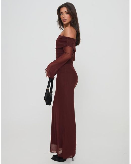 Princess Polly Purple Consideration Mesh Bardot Flare Sleeve Lettuce Edge Maxi Dress