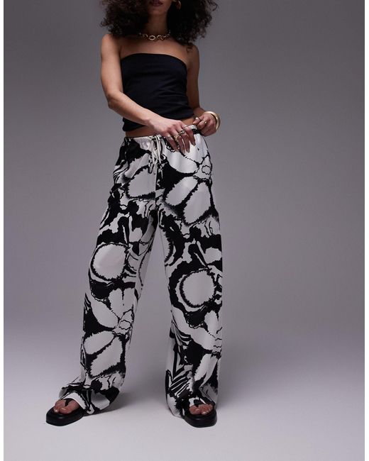 TOPSHOP Gray Straight Leg Satin Abstract Floral Printed Trouser
