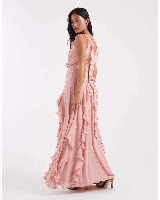 TFNC London Pink Bridesmaid Chiffon V Neck Ruffle Maxi Dress