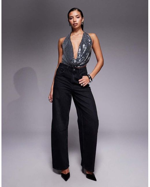 Edikted Blue Sequin Backless Halter Neck Top