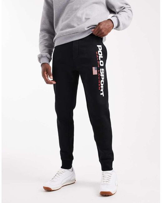 Polo Ralph Lauren Black Sport Capsule Flag Logo Fleece Cuffed Joggers for men
