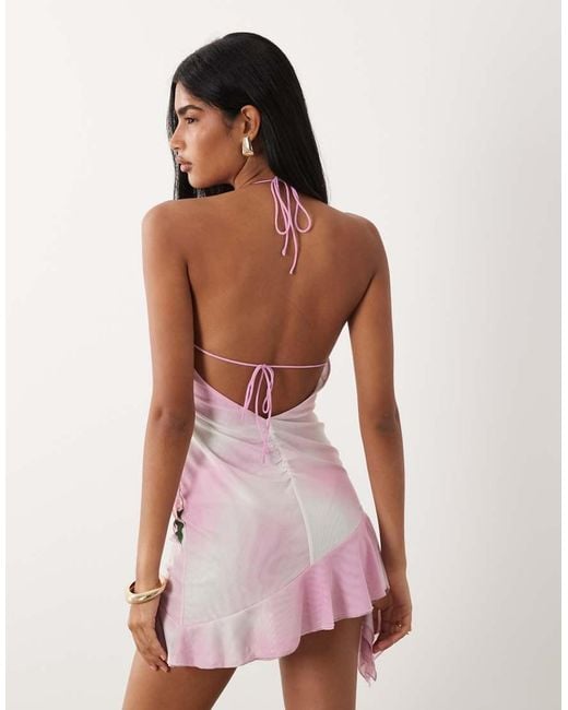 I.AM.GIA Pink Vira Mesh Plunge Halterneck Ruffle Draped Waist Detail Mini Dress